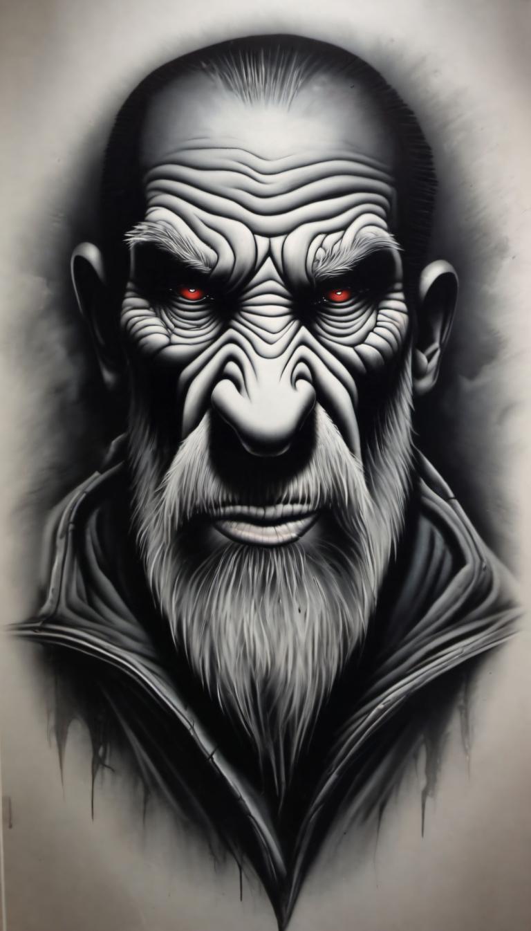 Airbrush Art,Airbrush Art, People, man, 1boy, solo, male focus, red eyes, beard, facial hair, monochrome