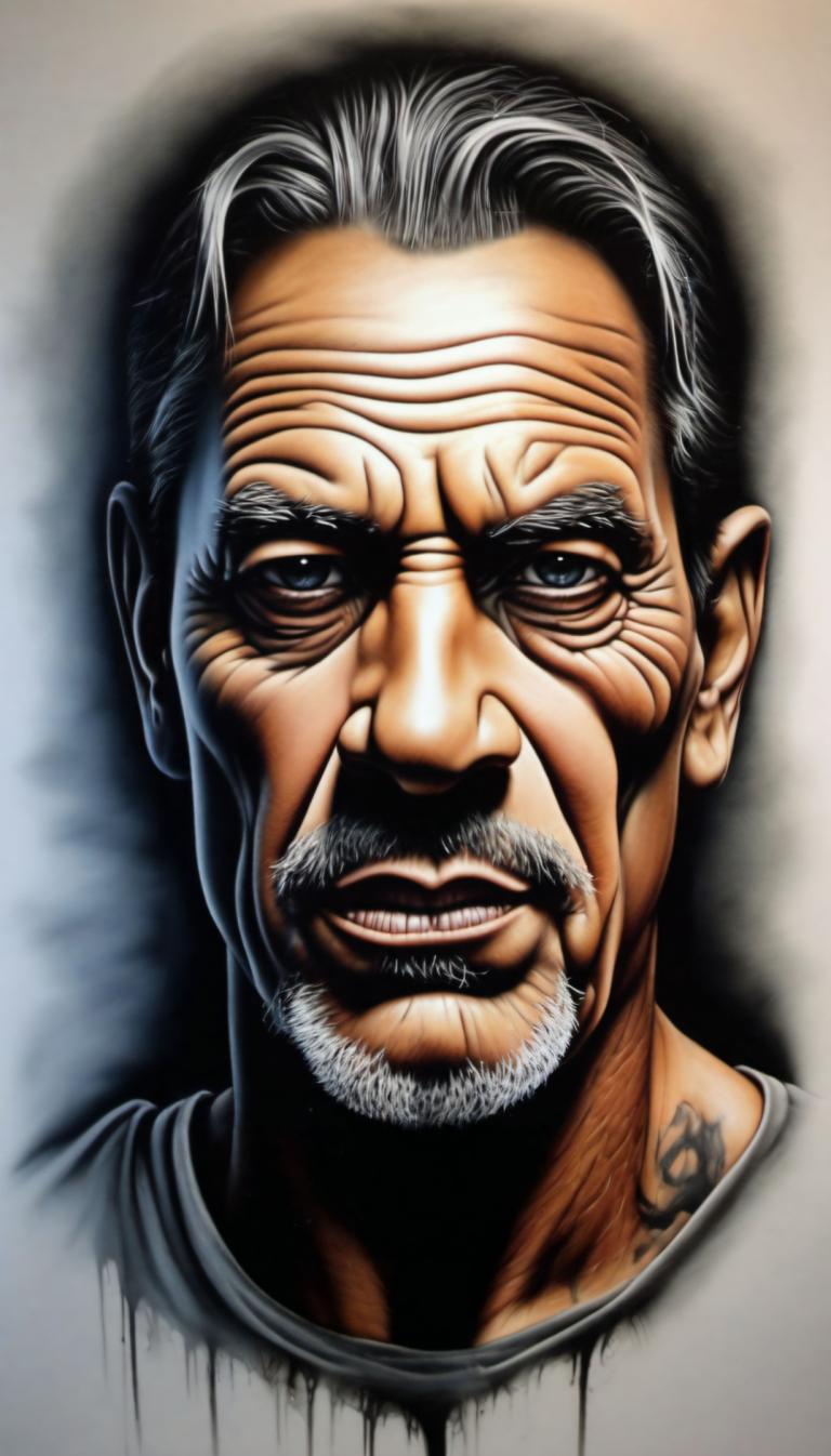 Airbrush Art,Airbrush Art, People, man, 1boy, solo, male focus, facial hair, tattoo, beard, old, mustache