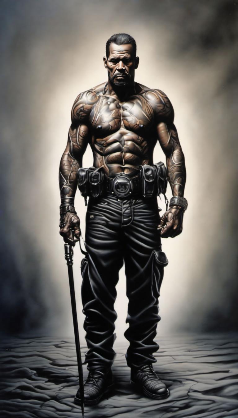 Airbrush Art,Airbrush Art, People, man, 1boy, male focus, solo, cane, muscular, tattoo, topless male