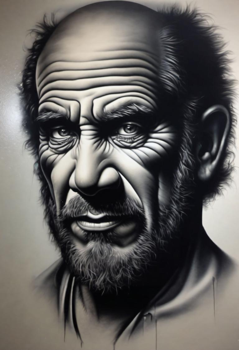 Airbrush Art,Airbrush Art, People, man, 1boy, male focus, solo, beard, facial hair, monochrome, greyscale