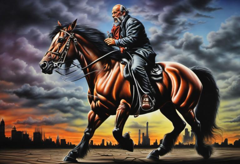 Airbrush Art,Airbrush Art, People, man, 1boy, horse, male focus, cloud, riding, facial hair, horseback riding