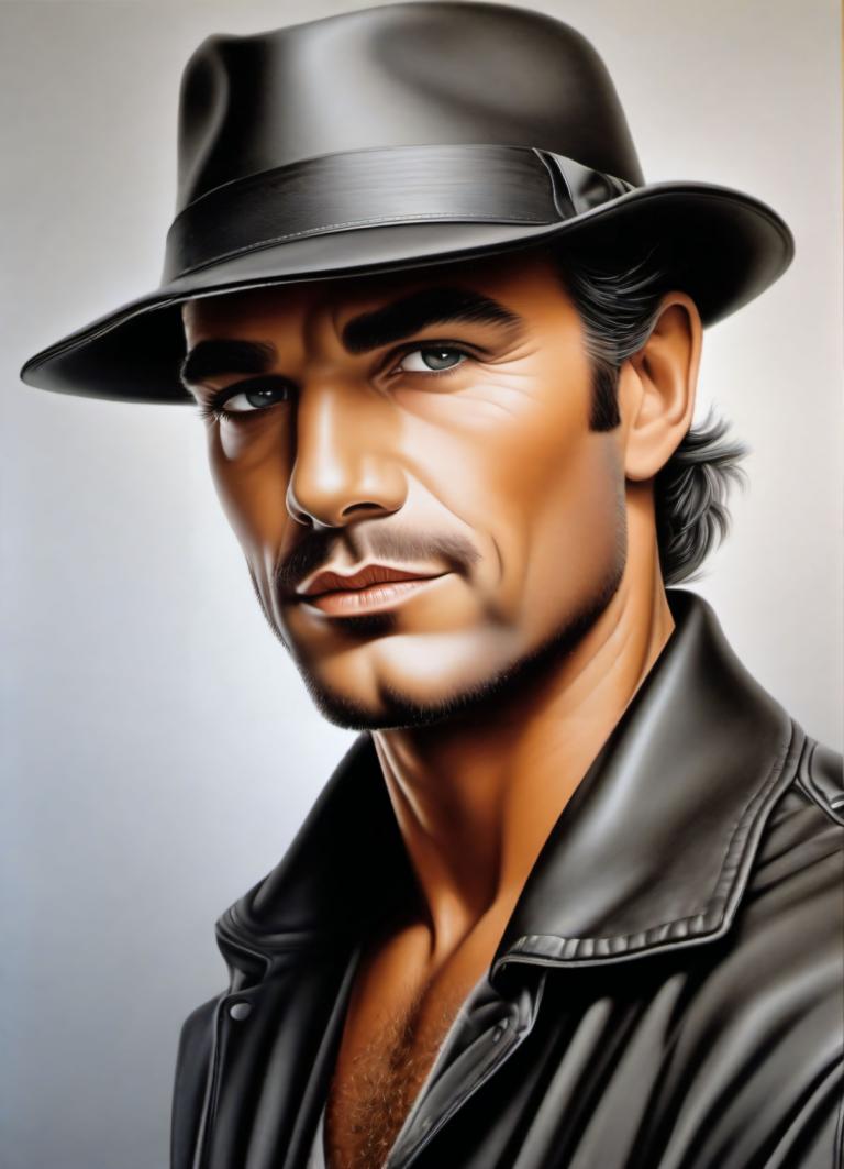 Airbrush Art,Airbrush Art, People, man, 1boy, solo, male focus, hat, facial hair, realistic, chest hair