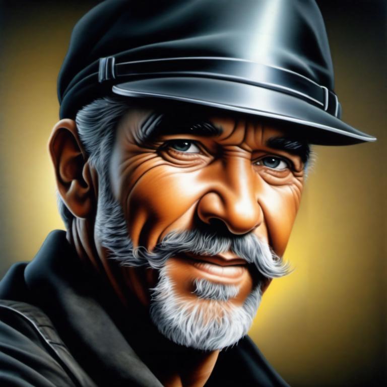 Airbrush Art,Airbrush Art, People, man, 1boy, male focus, solo, facial hair, helmet, beard, realistic, hat