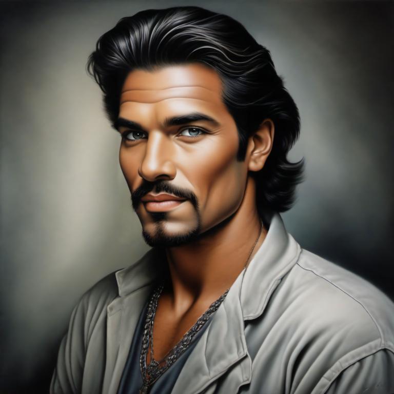 Airbrush Art,Airbrush Art, People, man, 1boy, male focus, solo, facial hair, black hair, realistic, jewelry