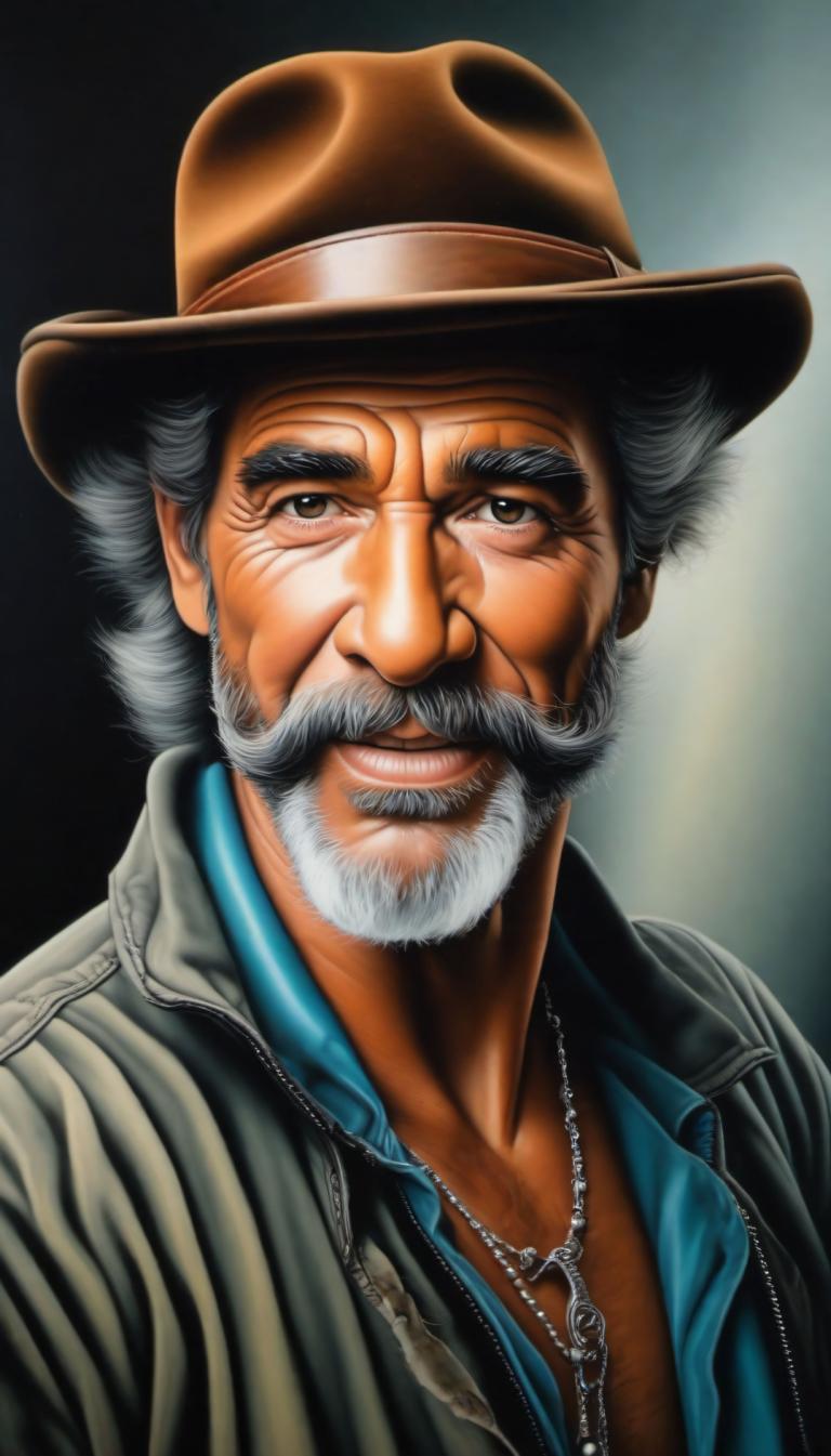 Airbrush Art,Airbrush Art, People, man, 1boy, male focus, solo, facial hair, hat, beard, jewelry, necklace