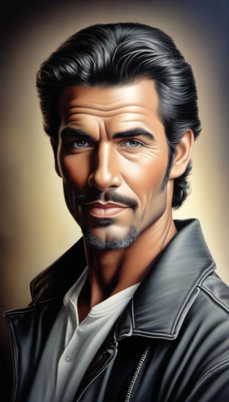 Airbrush Art,Airbrush Art, People, man, 1boy, male focus, solo, facial hair, black hair, leather jacket