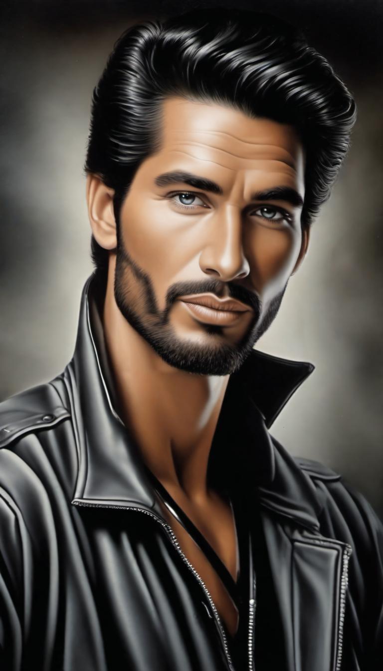 Airbrush Art,Airbrush Art, People, man, 1boy, solo, male focus, facial hair, black hair, realistic, jacket