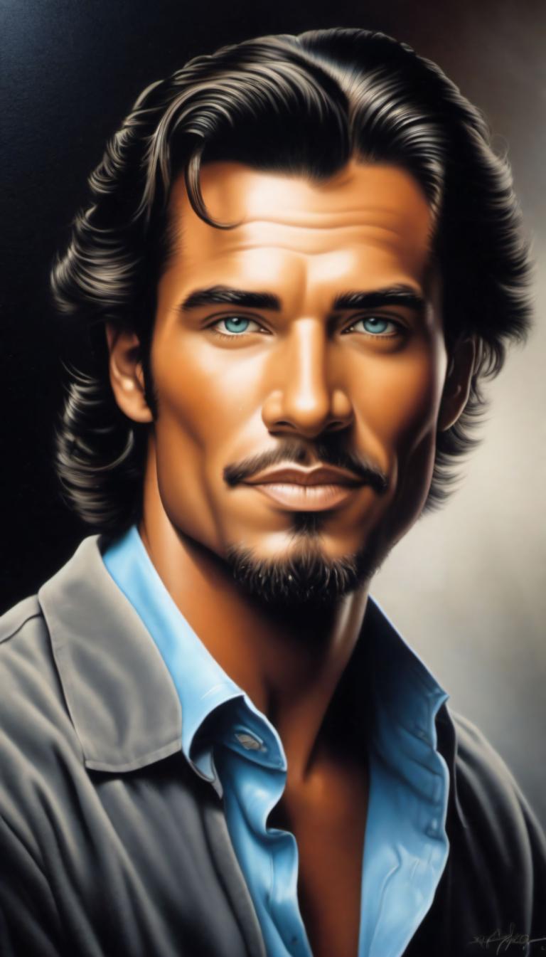 Airbrush Art,Airbrush Art, People, man, solo, 1boy, male focus, facial hair, black hair, realistic, blue eyes