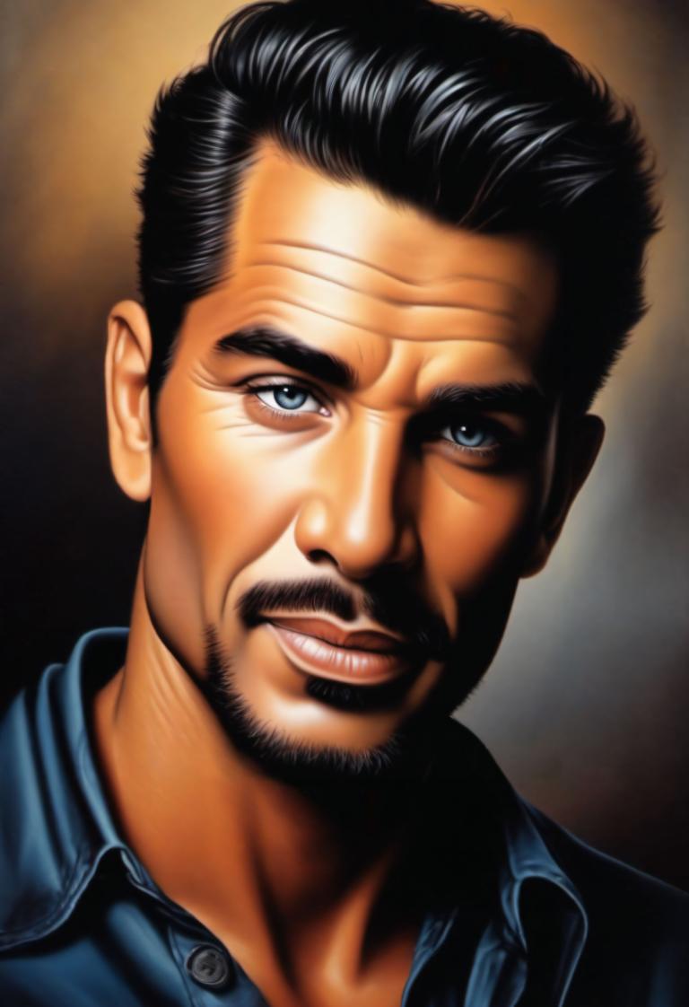 Airbrush Art,Airbrush Art, People, man, 1boy, male focus, solo, facial hair, black hair, realistic, blue eyes