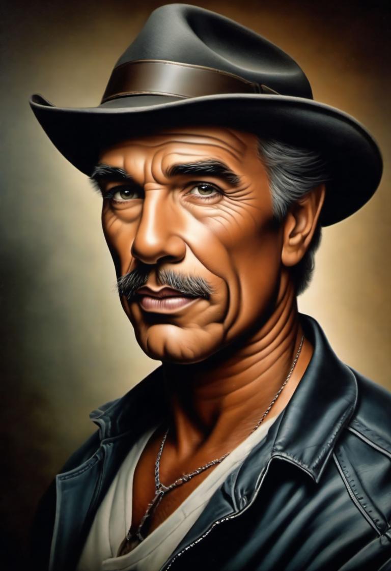 Airbrush Art,Airbrush Art, People, man, 1boy, male focus, solo, realistic, hat, facial hair, leather jacket