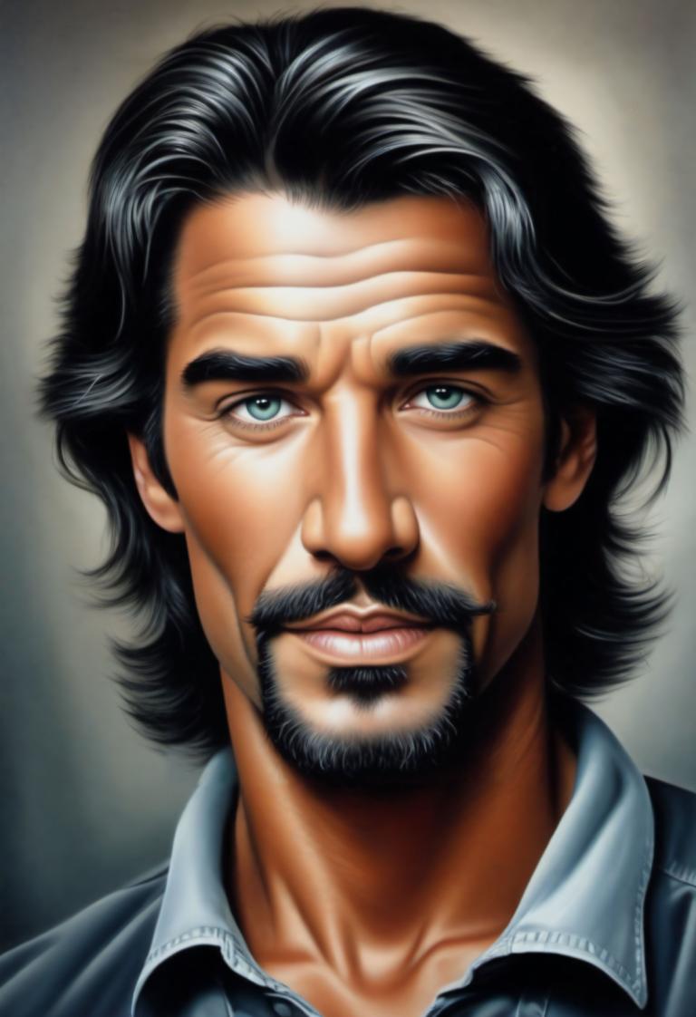 Airbrush Art,Airbrush Art, People, man, 1boy, male focus, solo, facial hair, black hair, mustache, realistic