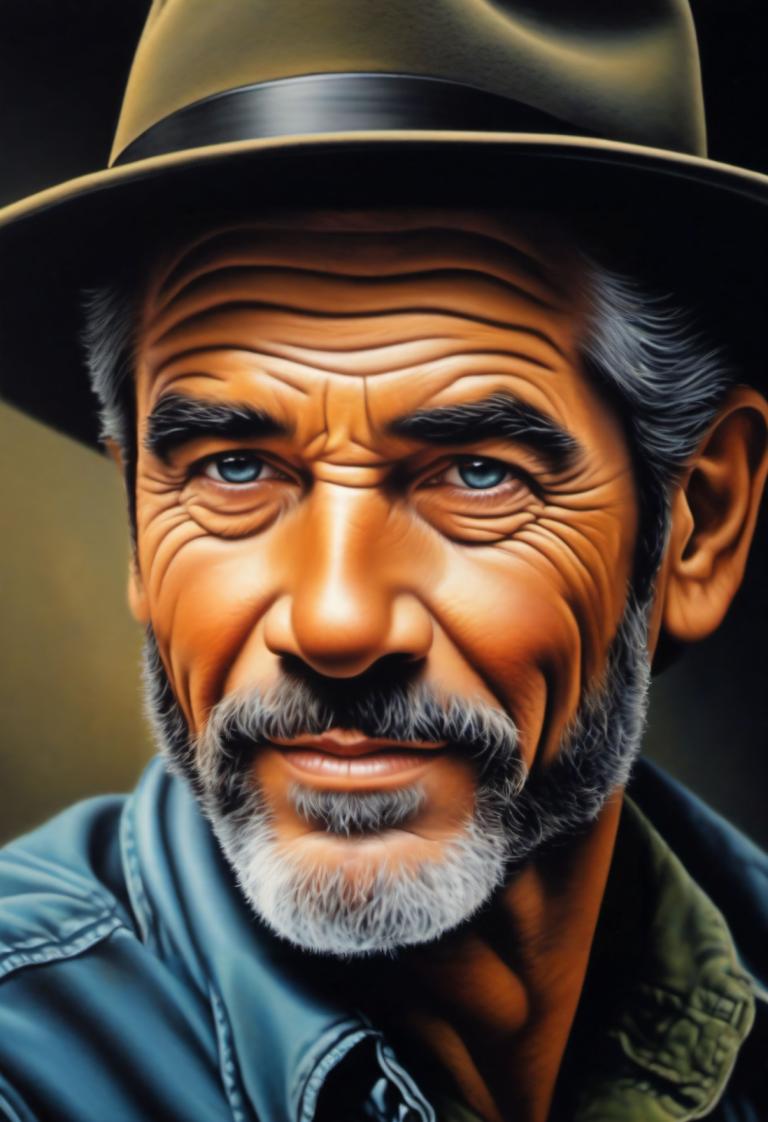 Airbrush Art,Airbrush Art, People, man, 1boy, solo, male focus, facial hair, realistic, hat, beard, blue eyes