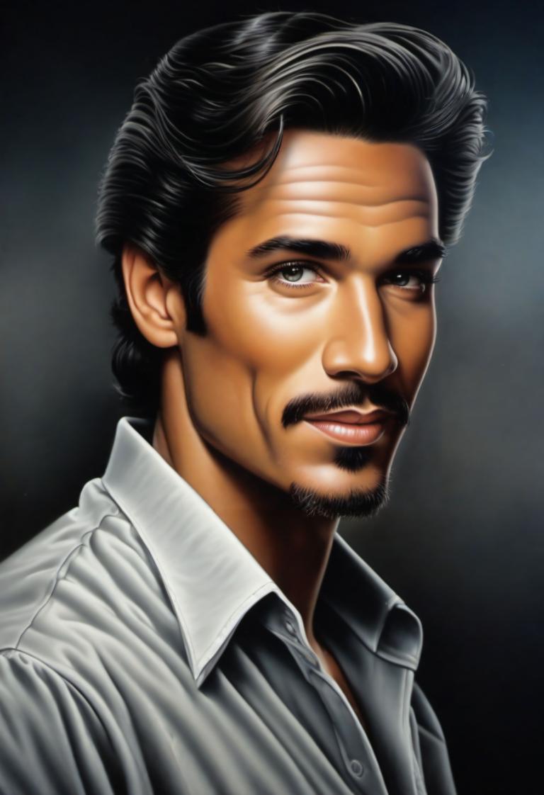 Airbrush Art,Airbrush Art, People, man, 1boy, solo, male focus, facial hair, black hair, realistic, shirt