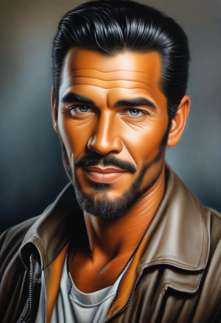 Airbrush Art,Airbrush Art, People, man, 1boy, male focus, solo, facial hair, black hair, realistic, jacket