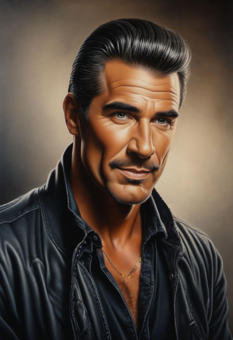 Airbrush Art,Airbrush Art, People, man, 1boy, male focus, solo, facial hair, black hair, realistic, leather