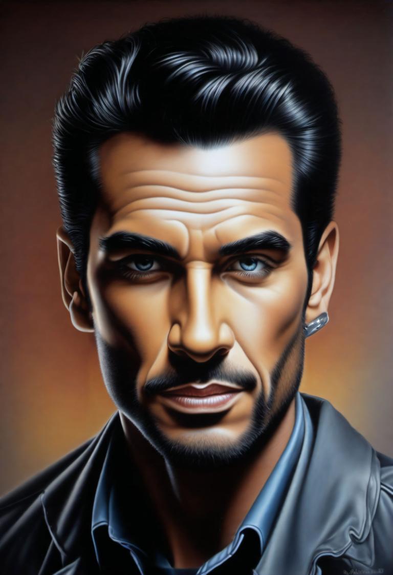 Airbrush Art,Airbrush Art, People, man, 1boy, male focus, solo, facial hair, black hair, realistic, blue eyes