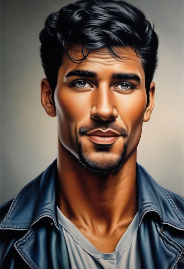 Airbrush Art,Airbrush Art, People, man, 1boy, male focus, solo, facial hair, black hair, realistic, jacket