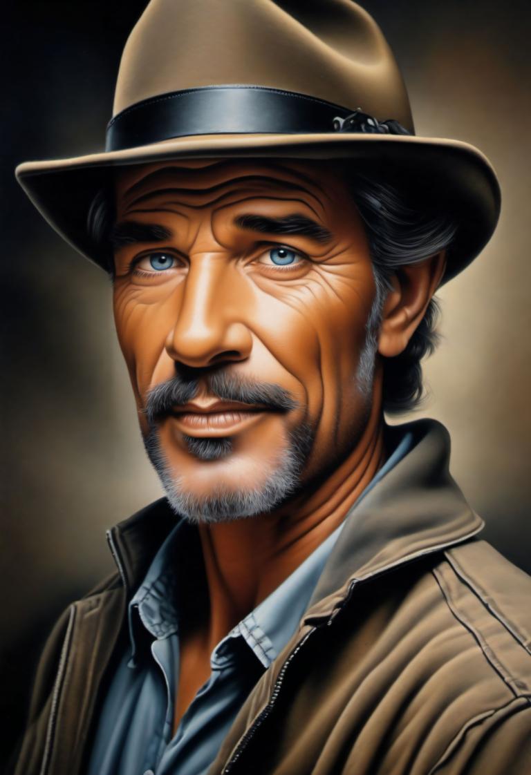 Airbrush Art,Airbrush Art, People, man, 1boy, solo, male focus, facial hair, hat, realistic, blue eyes, beard