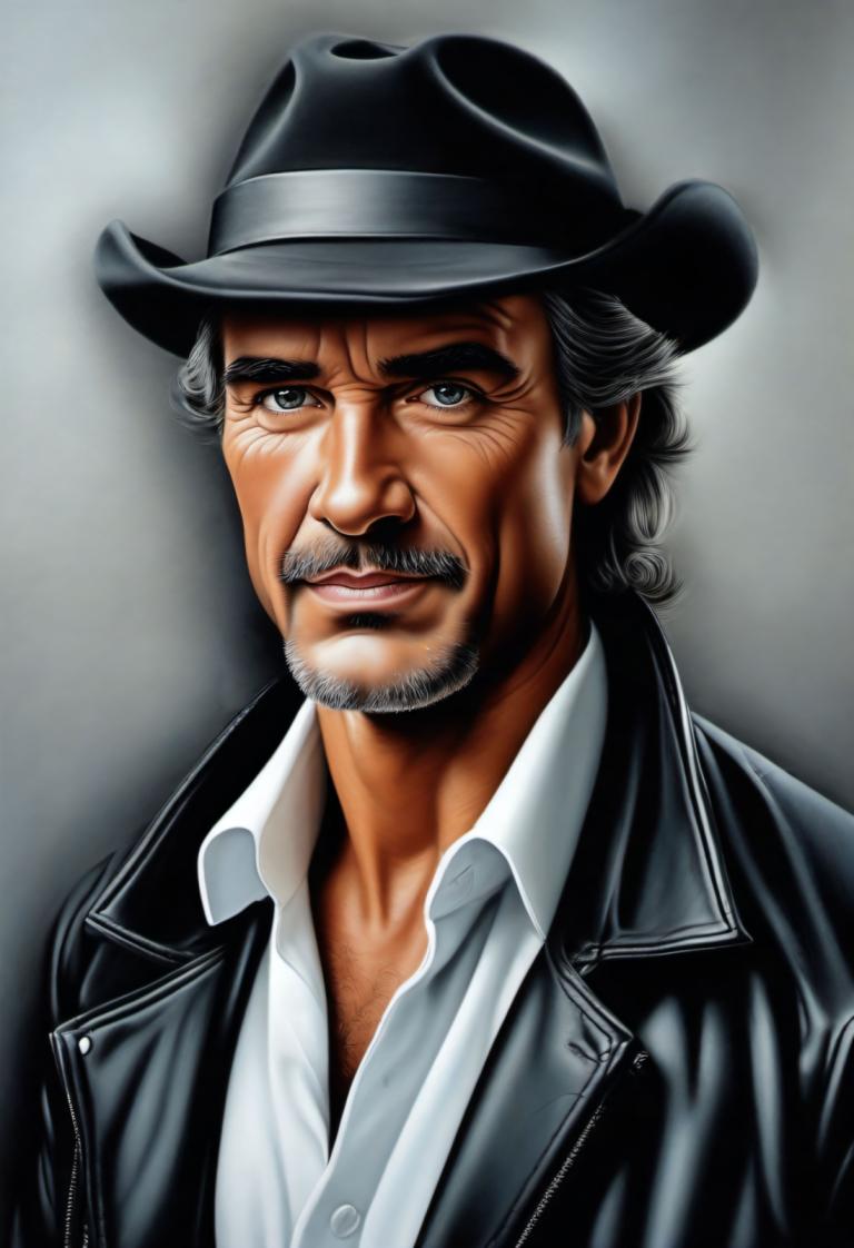 Airbrush Art,Airbrush Art, People, man, 1boy, solo, male focus, facial hair, realistic, hat, jacket, mustache