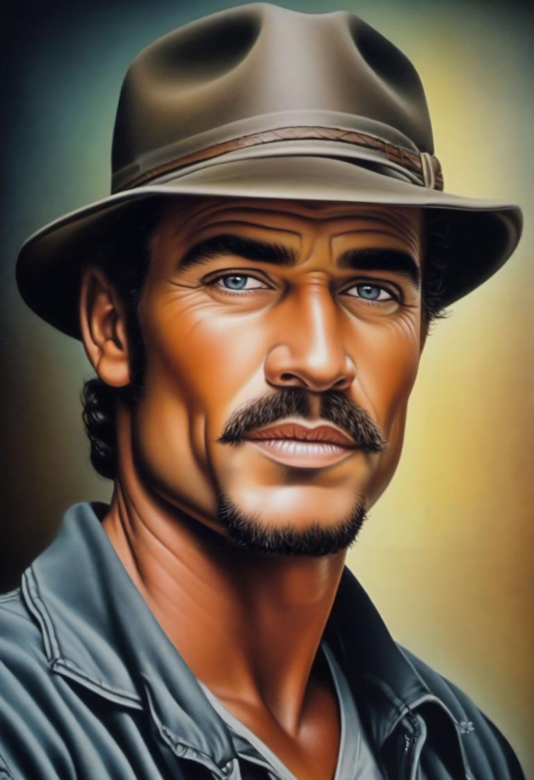 Airbrush Art,Airbrush Art, People, man, 1boy, solo, male focus, facial hair, hat, realistic, blue eyes