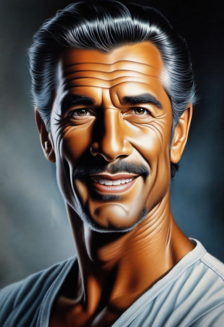 Airbrush Art,Airbrush Art, People, man, 1boy, male focus, solo, facial hair, realistic, smile, black hair