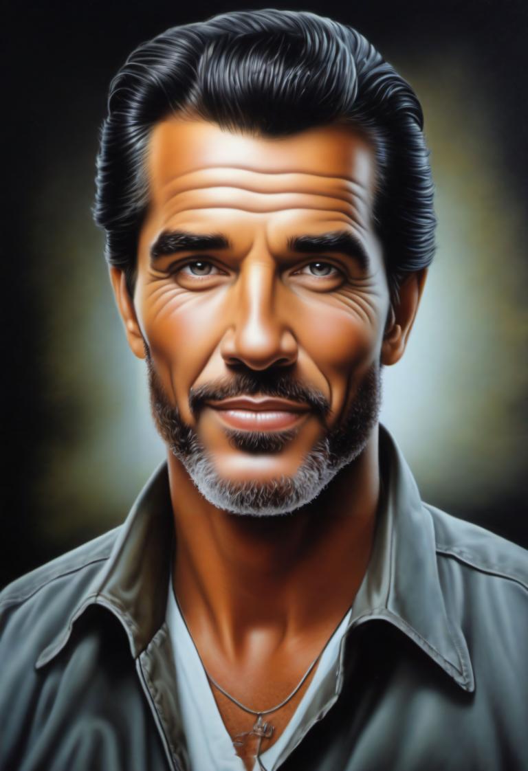 Airbrush Art,Airbrush Art, People, man, 1boy, male focus, solo, facial hair, black hair, realistic, jewelry