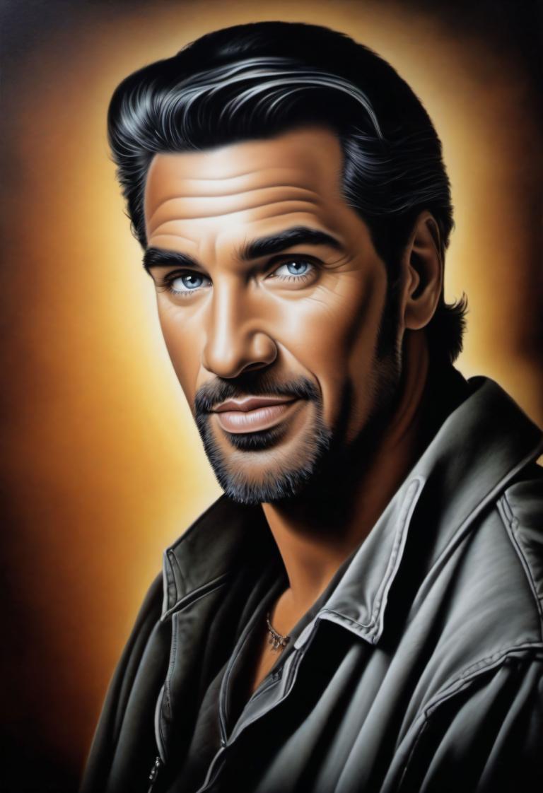 Airbrush Art,Airbrush Art, People, man, 1boy, solo, male focus, facial hair, black hair, realistic, blue eyes