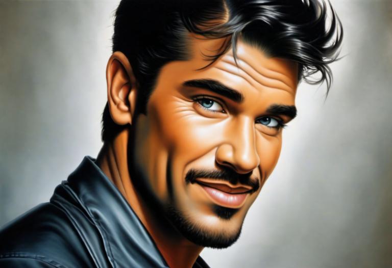 Airbrush Art,Airbrush Art, People, man, 1boy, solo, male focus, facial hair, black hair, realistic, blue eyes