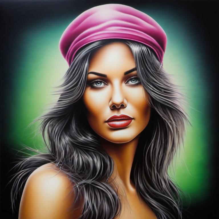 Seni Airbrush,Seni Airbrush, Rakyat, wanita, 1 gadis, solo, rambut hitam, rambut panjang, topi, dandan, bibir