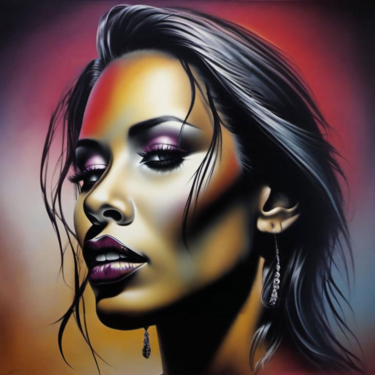 Airbrush Art,Airbrush Art, People, woman, solo, 1girl, jewelry, earrings, black hair, makeup, portrait