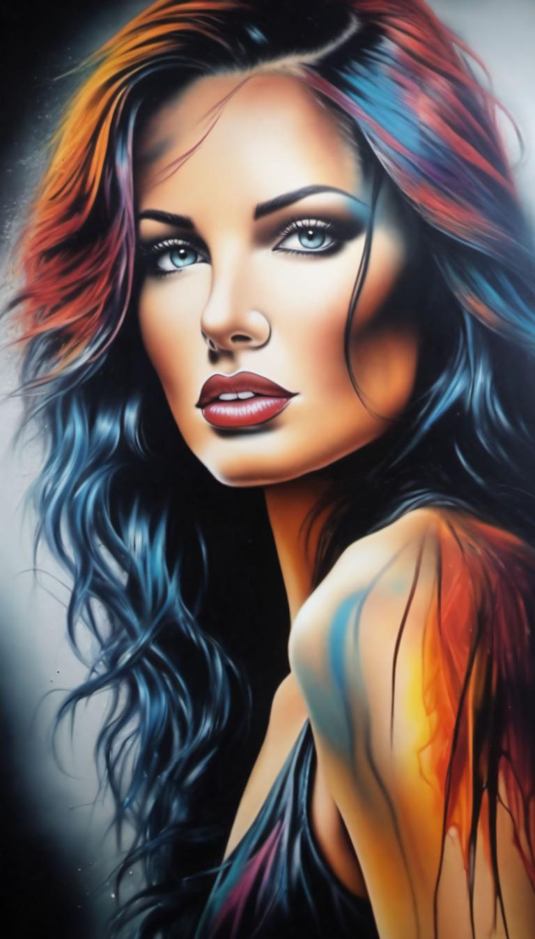 Airbrush Art,Airbrush Art, People, woman, 1girl, solo, makeup, multicolored hair, blue eyes, long hair