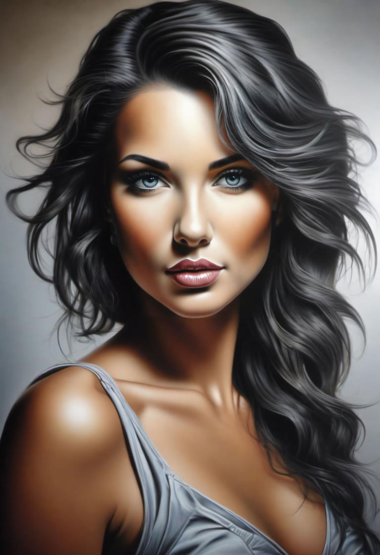 Airbrush Sanatı,Airbrush Sanatı, İnsanlar, kadın, 1kız, solo, siyah saç, gerçekçi, uzun saç, Mavi gözlü