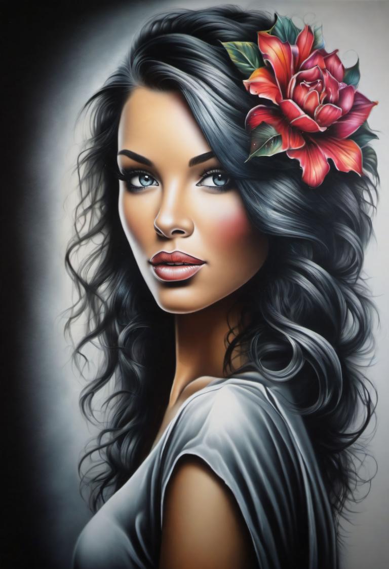 Airbrush Art,Airbrush Art, People, woman, 1girl, solo, flower, black hair, hair ornament, hair flower