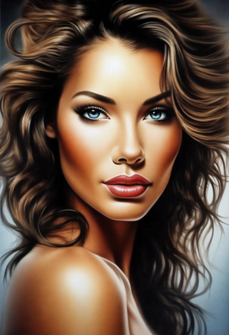 Airbrush Art,Airbrush Art, People, woman, 1girl, solo, blue eyes, brown hair, long hair, lips, realistic