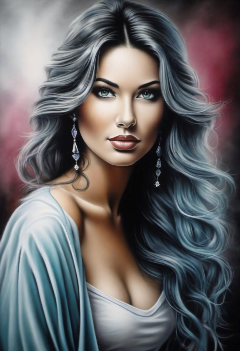 Airbrush Art,Airbrush Art, People, woman, 1girl, solo, earrings, jewelry, breasts, long hair, cleavage