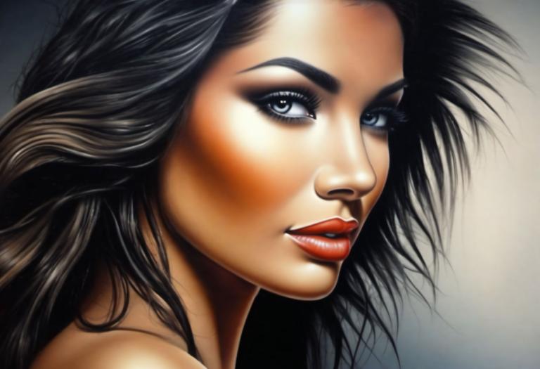 Airbrush Art,Airbrush Art, People, woman, solo, 1girl, black hair, lips, long hair, realistic, portrait