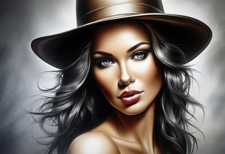 Airbrush Art,Airbrush Art, People, woman, 1girl, solo, hat, black hair, long hair, makeup, portrait, lips