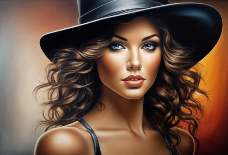 Airbrush Art,Airbrush Art, People, woman, 1girl, solo, hat, brown hair, long hair, lips, realistic, makeup