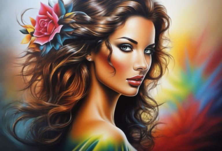 Airbrush Art,Airbrush Art, Ljudje, ženska, 1 dekle, solo, cvet, okras za lase, cvet za lase, rjavi lasje