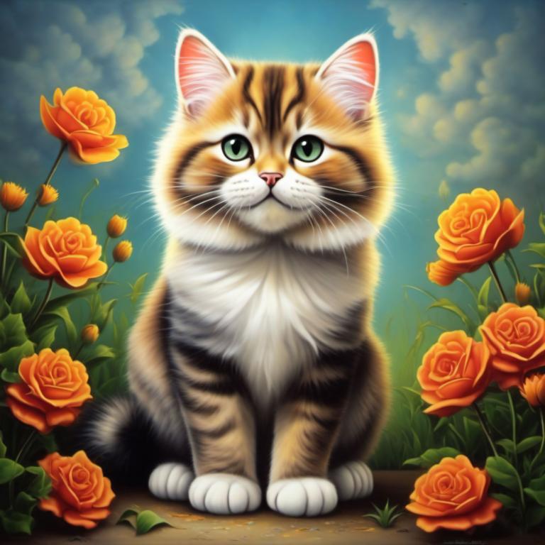 Airbrush Art,Airbrush Art, Animal, cat, no humans, flower, cat, sky, animal focus, rose, cloud, green eyes