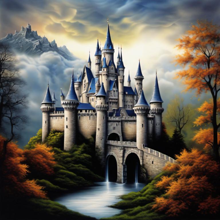 Airbrush Art,Airbrush Art, Castle, castle, no humans, tree, scenery, castle, cloud, sky, outdoors, nature