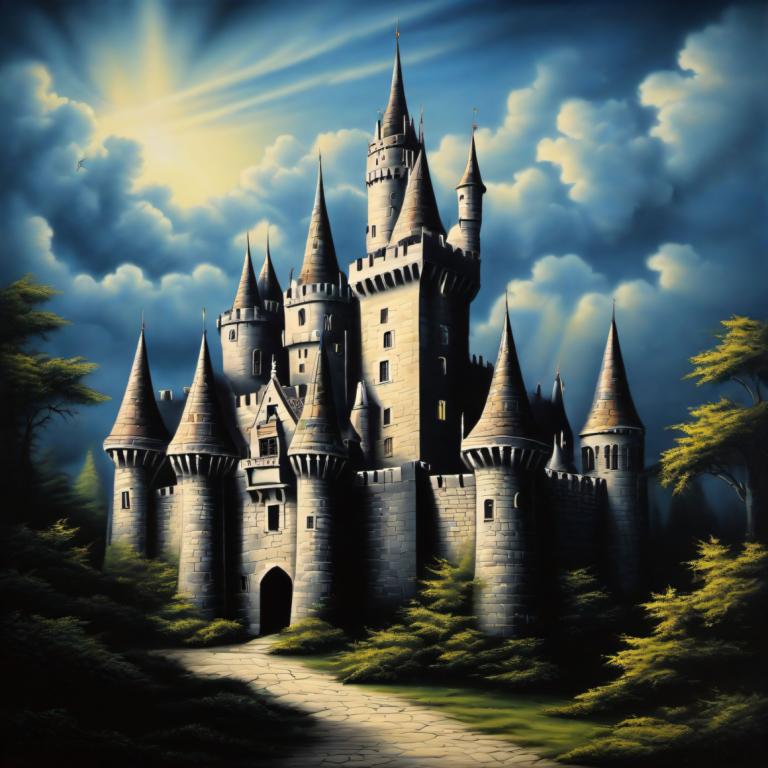 Airbrush Art,Airbrush Art, Castle, castle, no humans, tree, scenery, cloud, sky, castle, outdoors, sunlight