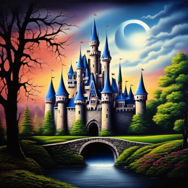 Airbrush Art,Airbrush Art, Castle, castle, no humans, tree, scenery, castle, sky, cloud, moon, tower