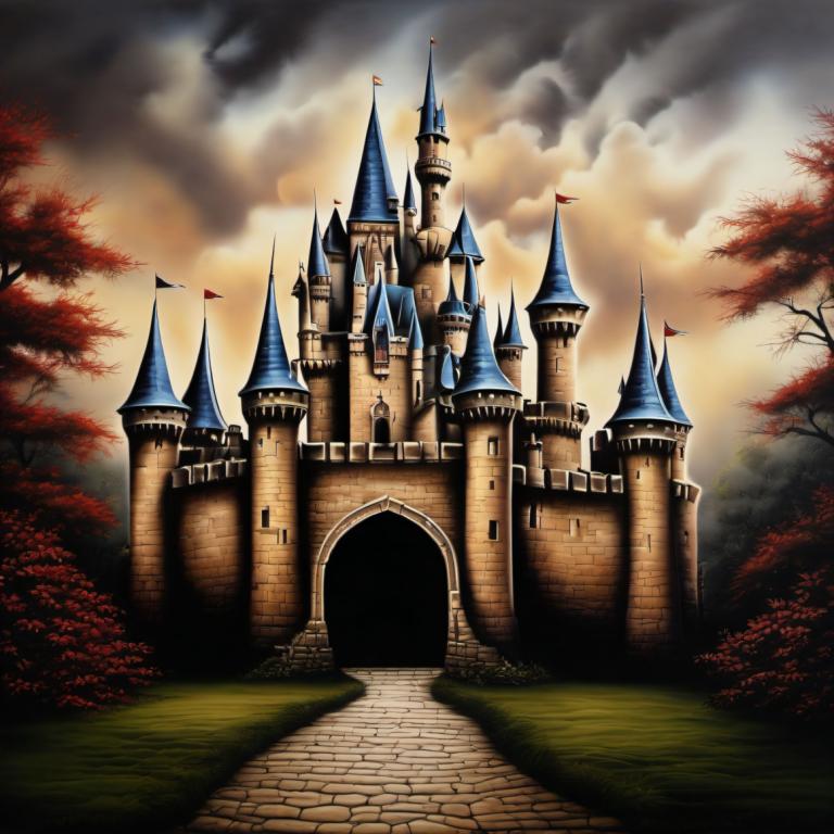 Airbrush Art,Airbrush Art, Castle, castle, no humans, tree, castle, cloud, scenery, sky, tower, outdoors