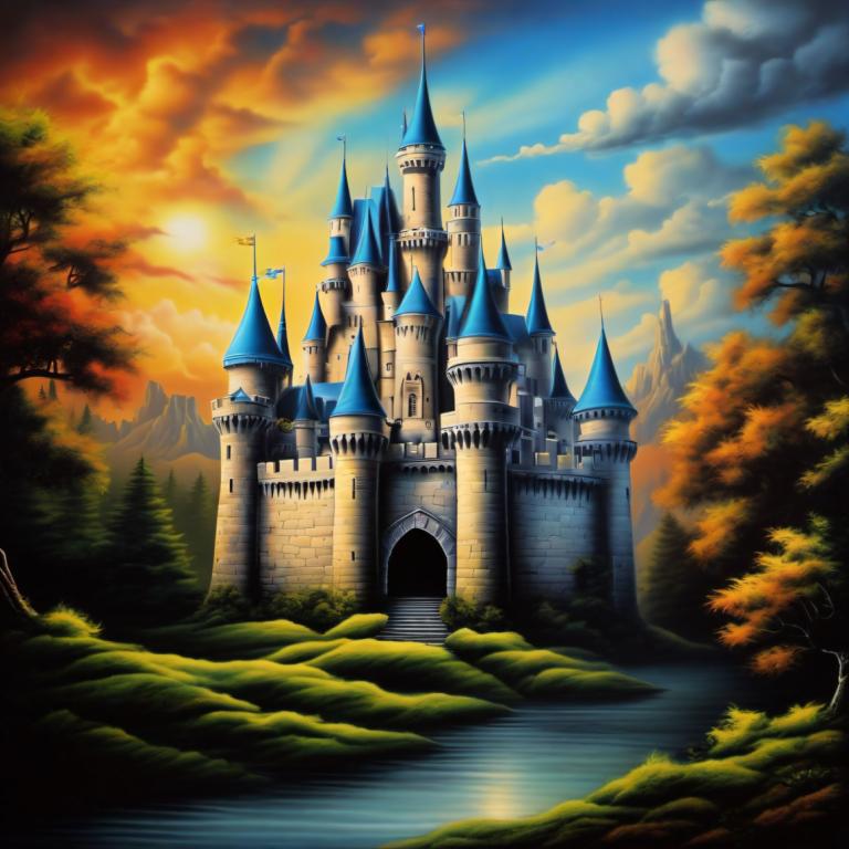 Airbrush Art,Airbrush Art, Castle, castle, no humans, scenery, tree, cloud, sky, castle, outdoors, nature