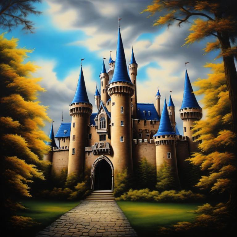 Airbrush Art,Airbrush Art, Castle, castle, no humans, tree, scenery, cloud, sky, outdoors, day, castle, tower