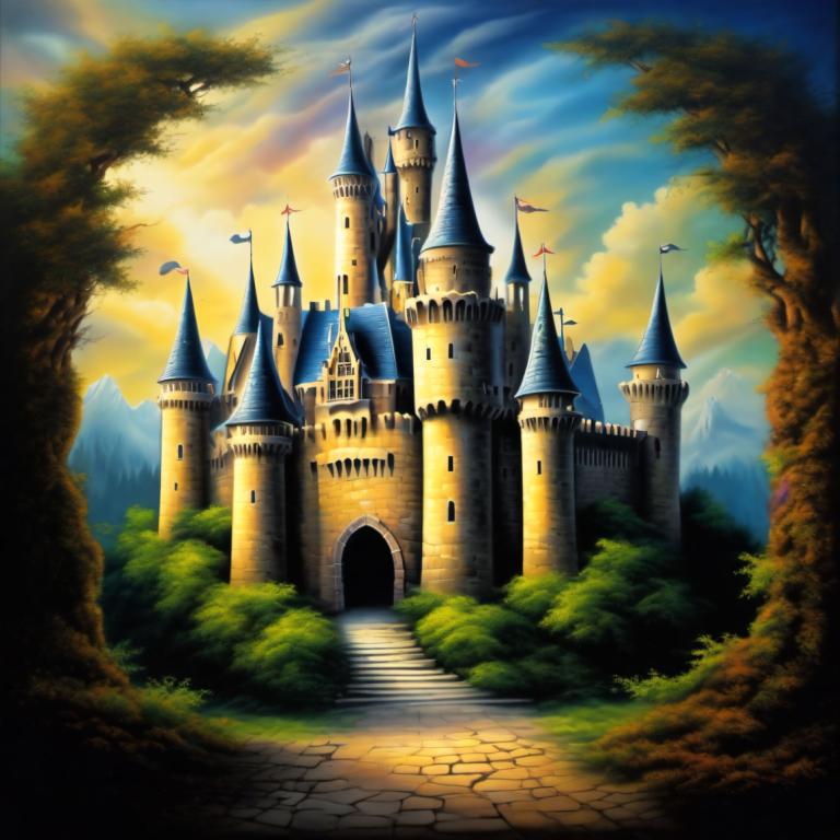 Airbrush Art,Airbrush Art, Castle, castle, no humans, scenery, castle, tree, cloud, sky, stairs, outdoors