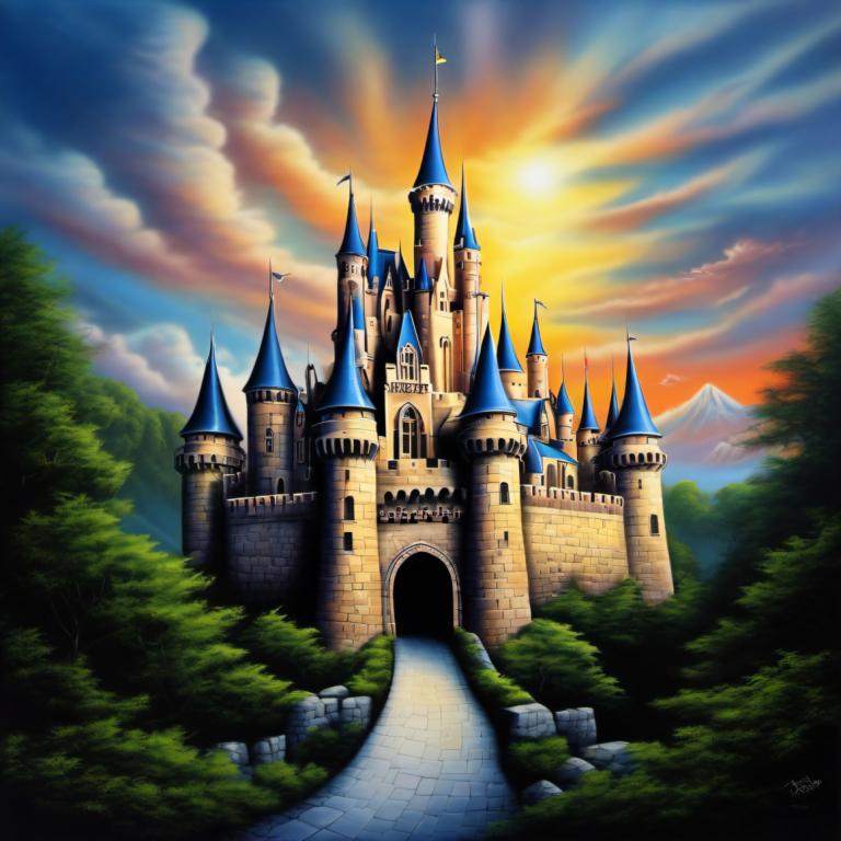 Airbrush Art,Airbrush Art, Castle, castle, no humans, castle, tree, scenery, cloud, sky, outdoors, nature