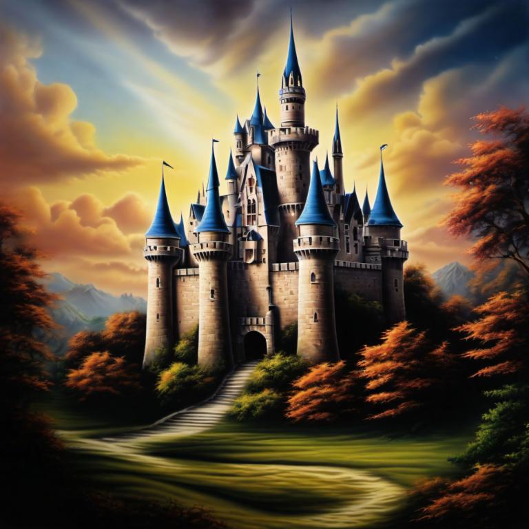 Airbrush Art,Airbrush Art, Castle, castle, no humans, tree, scenery, cloud, sky, castle, outdoors, nature