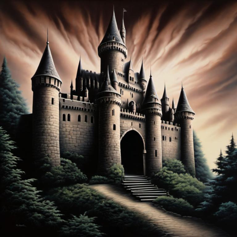 Airbrush Art,Airbrush Art, Castle, castle, no humans, stairs, scenery, tree, cloud, castle, sky, outdoors